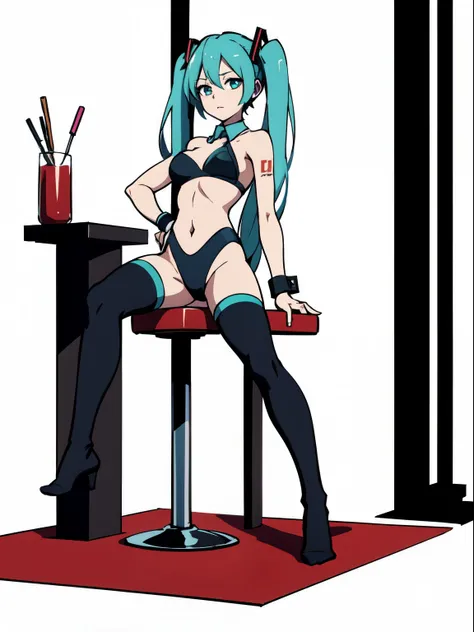 Hatsune Miku, Bunny suite black, next to a pole dance pole, loaded onto the pole dancing pole, with handcuffs in her hands, White background, sitting on the floor