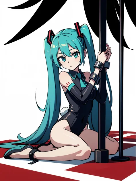 Hatsune Miku, Bunny suite black, next to a pole dance pole, loaded onto the pole dancing pole, with handcuffs in her hands, White background, sitting on the floor