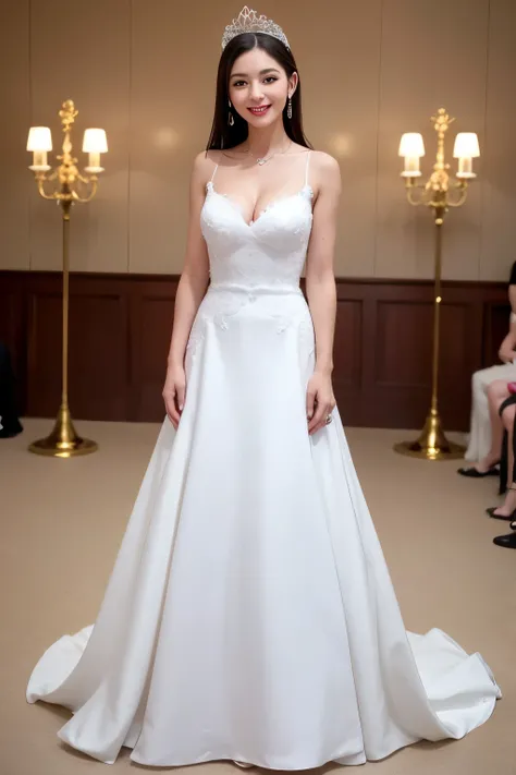 ((best quality)), ((masterpiece)), (detailed), perfect face, american wedding dress, 4K, Big Boobies, straight hair, blue eays, red lipstick, Smile, white body, full body, wedding Crown on hed, costly wedding decoration, happy body language