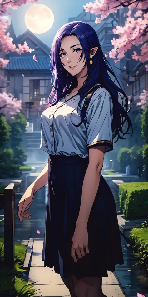 dark-blue hair, long hair, pointy ears, dark-blue eyes, anatomically correct, epic art, fantasy, 1girl, cherry_blossoms, moon, long_hair, solo, petals, full_moon, earrings, tree, jewelry, looking_at_viewer, night, standing, skirt, outdoors, breasts, lips, ...