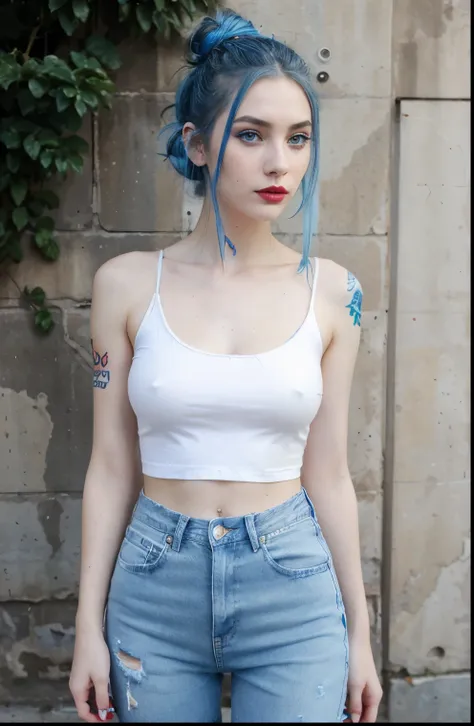 Beautiful skinny girl, elongated face and thin chin, freckles, blue hair, blue eyes, red lipstick, beautiful makeup, white skin, tattoo written on the forearm, beautiful top, denim jeans, white cotton shoes, in street , messy Hairbun