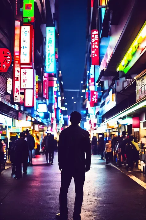 there is a man with a small beard, in front of a background in japan at night, cyberpunk, (30 anos),  foto de baixa qualidade, s...