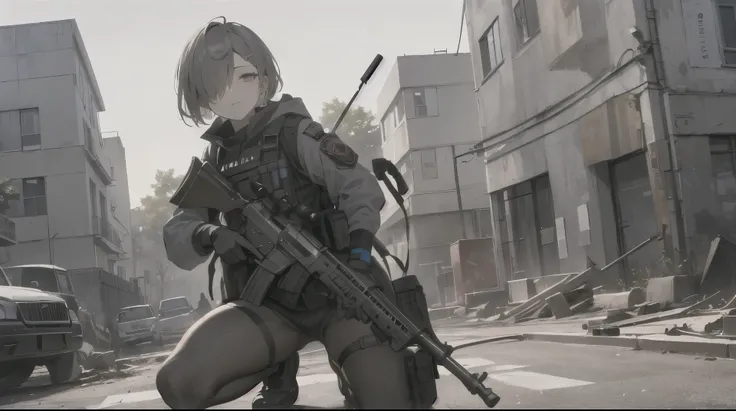 (best quality, high qualitys:1.3), 1girl, female_solo, (hair over one eye), short_hair, blonde-hair, ((tactical headset)), ((grey eyes)), ((tactical vest)), holding_weapon, holding, holding_gun, holding_rifle, rifle, assault_rifle, aiming, finger_on_trigge...