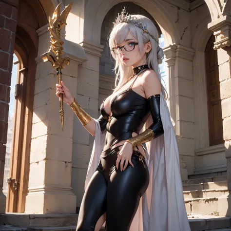 ((best quality)), ((masterpiece)), (detailed), perfect face a beautiful white-toned girl with black and silver hair wearing glasses and tight golden clothes, blue eyes, glossy skin. detailed skin, pink lips with a spear in hand a tiara on her head, full bo...