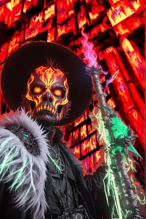 FUR++ ON SHOULDER, DJ IN HELL, DJ, DISC JOCKEY FROM HELL, MUSICIAN ONLY, SCEPTER IN HAND, (BACKGROUND IS A HELL)+++,infernal-depths+ ultra-futuristic, pandemonium-enhanced+ hyper-detailed holographic+ cybershaman++, hellfire-neon+ cyber-architect gear, aby...