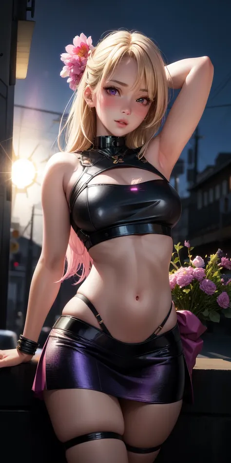 realistic, 1girl, blonde hair, purple eyes, glowing pink eyes, crop top, skirt, parted lips, blush, night, flowers, sun, sunlight,bondage style