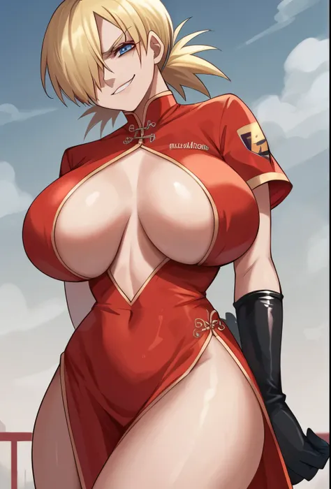 score_9, score_8_up, score_7_up, source_anime, solo, 1girl, hellsing, seras victoria, smug, sinister smug expression, evil, looking at viewer, arms behind back, blonde hair, hair over one eye, blue eyes, red gown, short sleeves, latex suit, humongous breas...