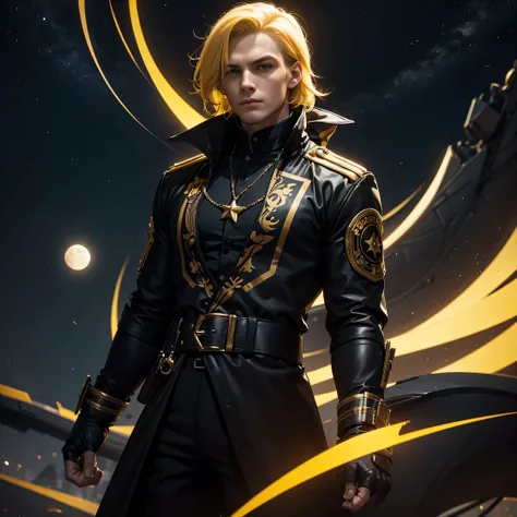 man with dark yellow hair , wearing dark yellow and black outfit , moons and star pattern 