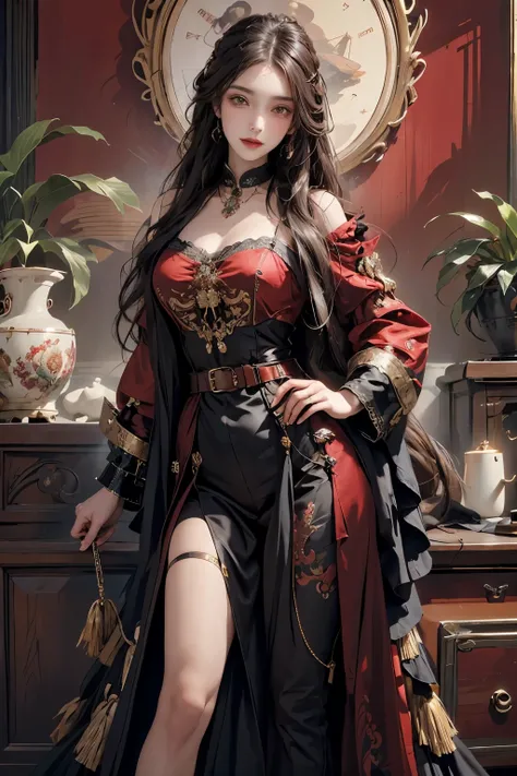 An anthropomorphic Afghan hound with big, happy eyes and a seductive look, clad in Victorian-era attire, flirts with an unseen viewer. Her full body is elegantly painted in the style of Ian McQue, showcasing intricate details and bold red accents. The houn...