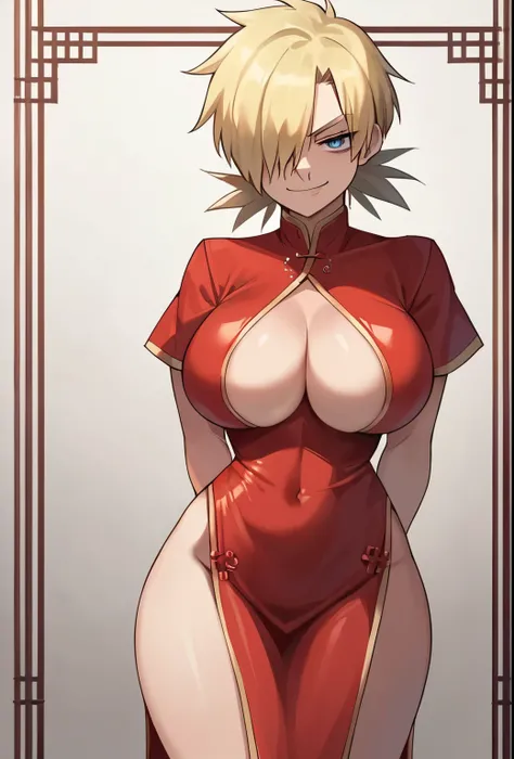 score_9, score_8_up, score_7_up, source_anime, solo, 1girl, hellsing, seras victoria, smug, sinister smug expression, evil, looking at viewer, arms behind back, blonde hair, hair over one eye, blue eyes, red gown, short sleeves, latex suit, humongous breas...