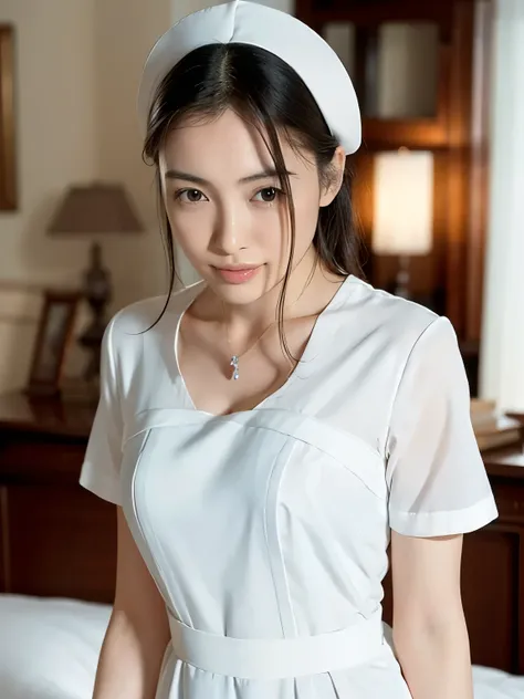 1 girl,(wearing white nurse clothes:1.2),(raw photo, highest quality), (realistic, photo-realistic:1.4), masterpiece, very delic...