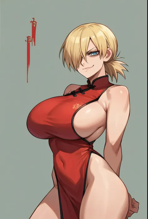 score_9, score_8_up, score_7_up, source_anime, solo, 1girl, hellsing, seras victoria, smug, sinister smug expression, evil, looking at viewer, arms behind back, blonde hair, hair over one eye, blue eyes, red gown, short sleeves, latex suit, humongous breas...