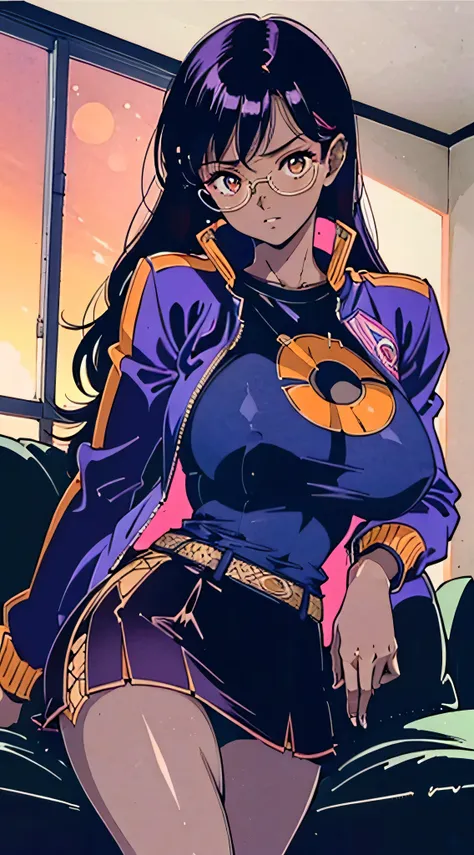 1990asterpiece), high-definition, detailed face, girl, (black skin: 1.4), abs, (big tits: 1.4) big hips, round asessy dark purple hair with blue highlights: 1.4), orange eyes, (glasses: 1.4), (tight t-shirt: 1.4), (jacket: 1.4), (black tight skirt: 1.3), b...