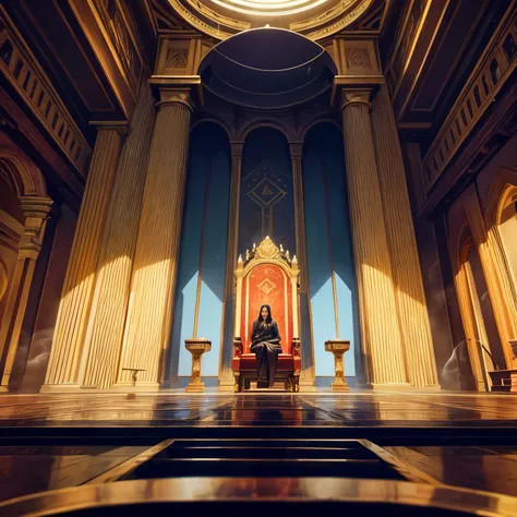 Uma grande sala com um trono grande e alto, the room was filled with dense smoke and only a silhouette could be seen on the throne and its glowing eyes