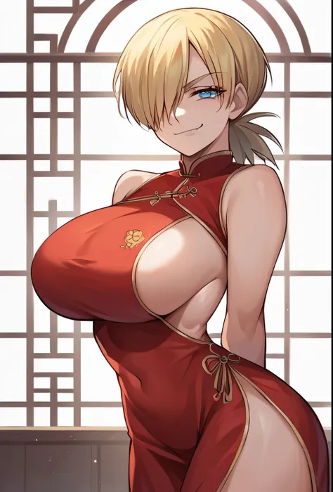 score_9, score_8_up, score_7_up, source_anime, solo, 1girl, hellsing, seras victoria, smug, sinister smug expression, evil, looking at viewer, arms behind back, blonde hair, hair over one eye, blue eyes, red gown, short sleeves, latex suit, humongous breas...