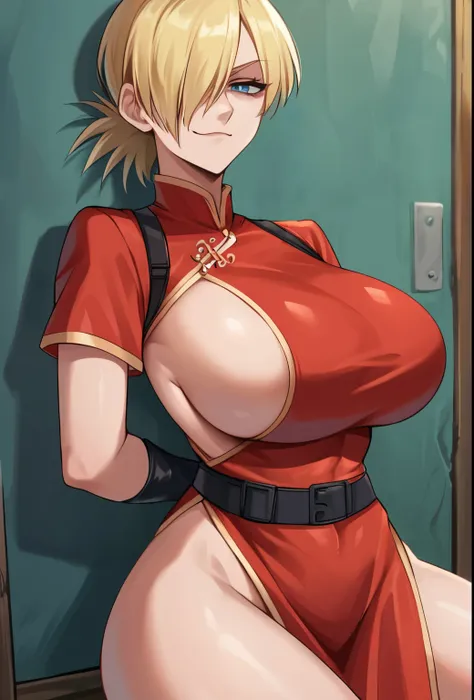 score_9, score_8_up, score_7_up, source_anime, solo, 1girl, hellsing, seras victoria, smug, sinister smug expression, evil, looking at viewer, arms behind back, blonde hair, hair over one eye, blue eyes, red gown, short sleeves, latex suit, humongous breas...