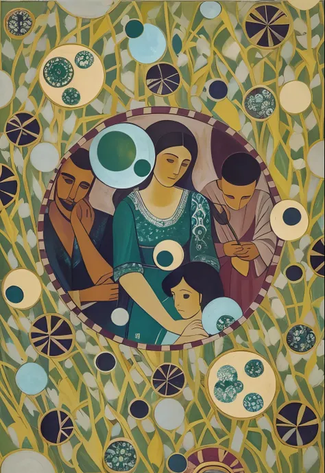 painting of a woman and two children in a circle with circles, inspired by Felice Casorati, inspired by Pietro Lorenzetti, inspired by Richard Dadd, inspired by Maurice Denis, inspired by Konstantin Westchilov, inspired by Candido Portinari, triad of muses...