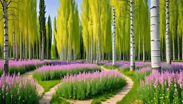 The poplars cross the landscape perpendicularly like columns and under the large trunks the grass blooms with white, pink, yellow and green flowers, the environment has a mysterious silvery violet hue