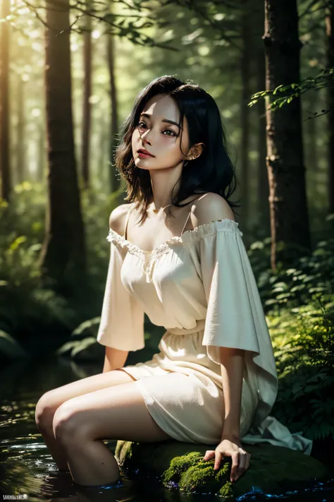 full body, "({{1girl:1.1}} {{straight black hair:1.2}}), (artistic + masterpiece:1.4), (incredibly detailed eyes), wearing medieval long cotton nightie clothes)", Drenched hair，The background is a forest, sunset，Lazy expression, Masterpiece: 1.3), (8k, Pho...