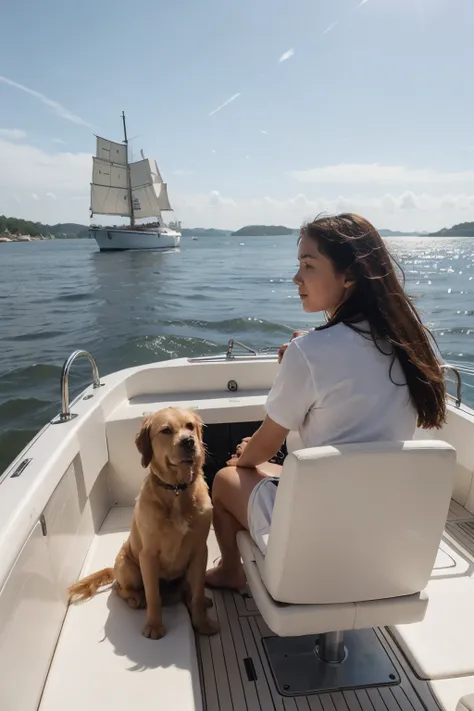 girl sailing into the distance on a boat with a dog