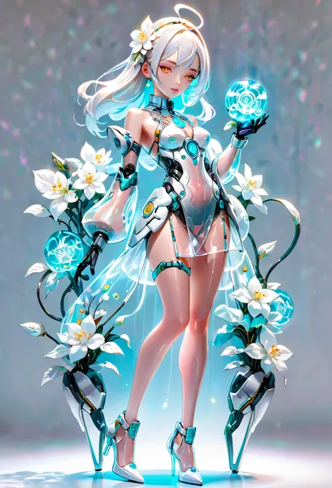 (Blind Box Spielzeug Stil:1.2),full body, solo,white background,(A female robot in a transparent white jasmine dress, wearing gloves and high heels),(Chinese color,Very colorful), Cyberpunk, Dreamy Glow, Luminous neon lamp, 3D