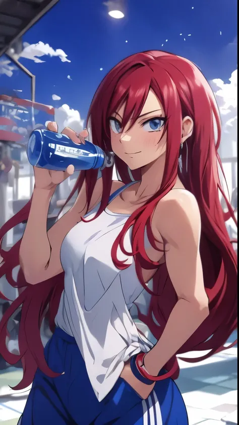 anime girl with red hair and blue shorts holding a bottle of water, Erza Scarlet como uma pessoa real, [ arte digital 4k ]!!,  anime drinks energy drink, garota anime sedutora,  apta, estilo anime 4k, 4K manga wallpaper, trabalhando fora, arte digital deta...