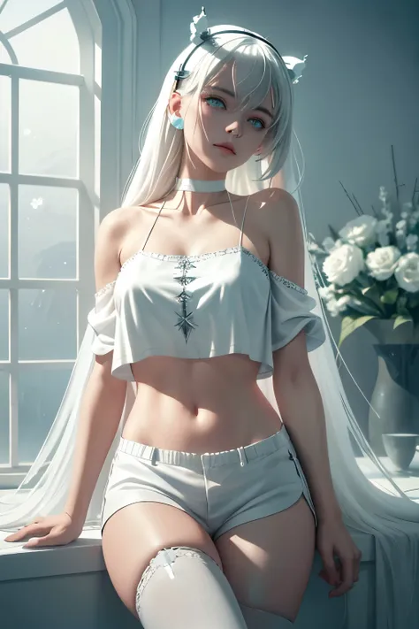 Heavy blurred shadows, loose top, silk bikini shorts, infantile, daddy issues, mean, masterpiece, best quality, 1girl, solo, crop top, silk shorts, choker, (stark white paint :1.5), paint sheen, arms behind back, against wall, looking at viewer, armband, t...