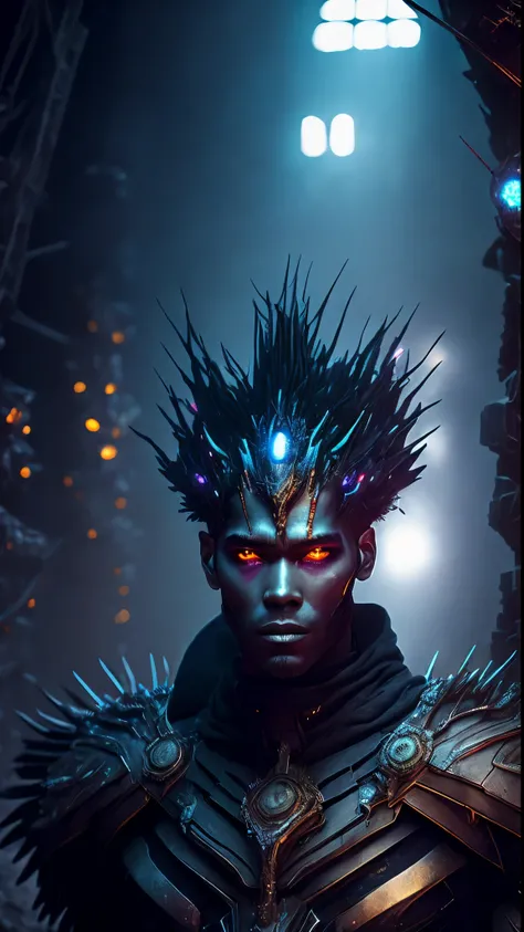 breathtaking cinematic science fiction photo of a portrait of a blackedout non-human Dark figure, ghost skin, body full of spikes and glowing metrics inside, glowing multicoloured eyes, multifaceted eyes, metallic arms, inside a destroyed building, extreme...