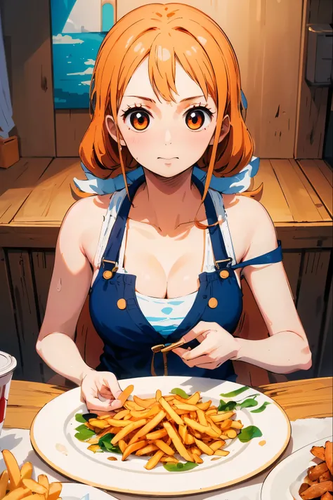 (Masterpiece:1.4), (best quality:1.4), ultra highres,1girl,solo,extremely detailed,8k, beautiful, detailed eyes, Nami, sitting on the dining table, eating a plate of french fries, one piece art style