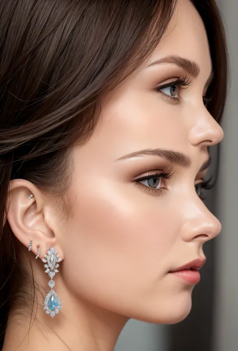 (masterpiece, best quality), intricate details, realistic, photorealistic, a close up of a woman wearing earrings, inspired by Emma Andijewska, draped in crystals, silver color, long earrings, sandra chevier, huge earrings, 2019, blue-eyed, platinum jewell...