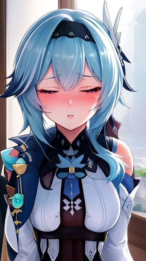(best quality), (masterpiece), (highres), (depth of field), extremely detailed girl, illustration, sharp focus, 1 girl, solo,(sharp focus), simple background, eula (genshin impact), blue hair, embarrassed, blush  face focus, close up, both eyes closed, nig...