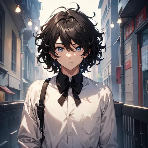 BOY with curly and messy black hair, with light eyes (upper body only)