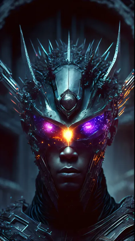 breathtaking cinematic science fiction photo of a portrait of a blackedout Dark figure, ghost skin, body full of spikes and glowing metrics inside, glowing multicoloured eyes, multifaceted eyes, metallic arms, inside a destroyed building, extremely menacin...