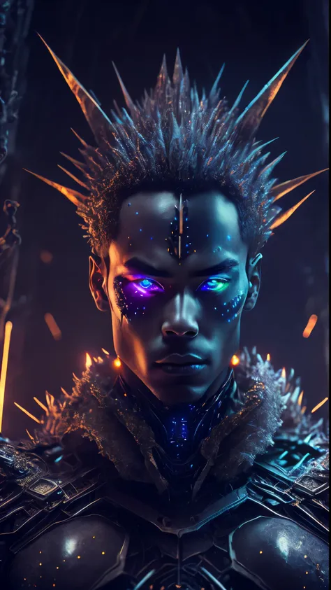 breathtaking cinematic science fiction photo of a portrait of a blackedout Dark figure, ghost skin, body full of spikes and glowing metrics inside, glowing multicoloured eyes, multifaceted eyes, metallic arms, inside a destroyed building, extremely menacin...