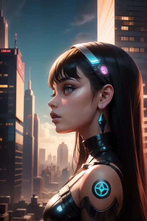 alien god , 1girl a woman (Camila Cabello) with a futuristic face and a triangle on her head robotic, futuristic buildings on background, high contrast, highly detailed, 8k hdr