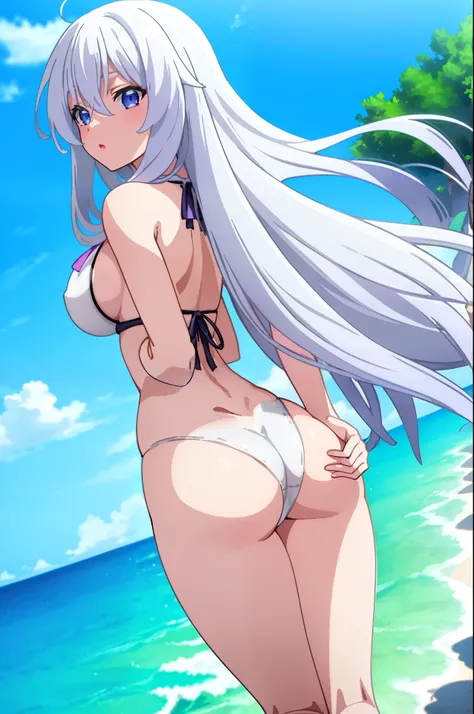 elaina,elaina(long_sleeved_bikini),elaina(skirt), (masterpiece:1.6, best quality), shiny hair, long hair, White hair , blue eyes, detailed eyes, (anime art style), big breast happy, bikini, depth of beach, looking straight ay The viewer, Back facing the vi...