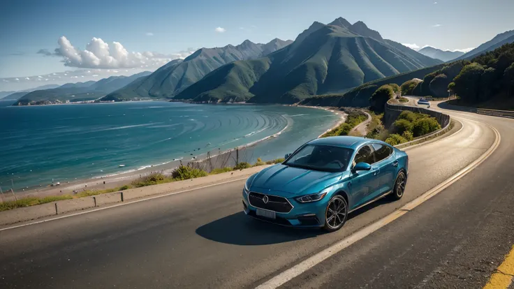 Let there be a scenic backdrop of towering mountains and a vast, tranquil sea as two sleek sedan cars glide effortlessly on the winding road. The sun casts golden rays upon the water, creating a breathtaking contrast against the deep blue expanse. The cars...