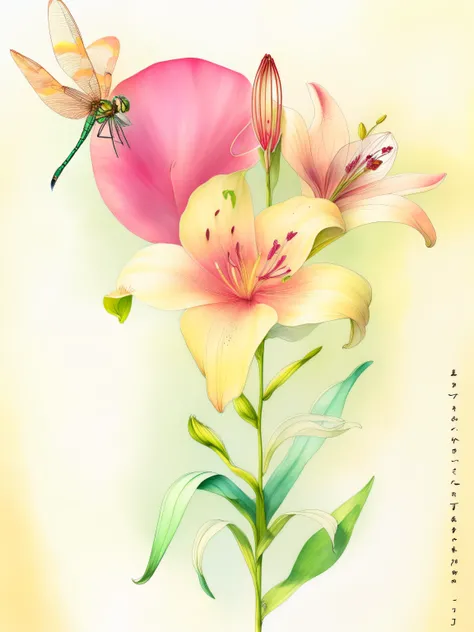 there is a drawing of a dragonfly and a flower, lilies, by Maksimilijan Vanka, by Károly Lotz, illustration”, by Grytė Pintukaitė, watercolor pencil + ink drawing, mixed media illustration, inspired by Johannes Mytens, rubrum lillies, inspired by Ryōhei Ko...