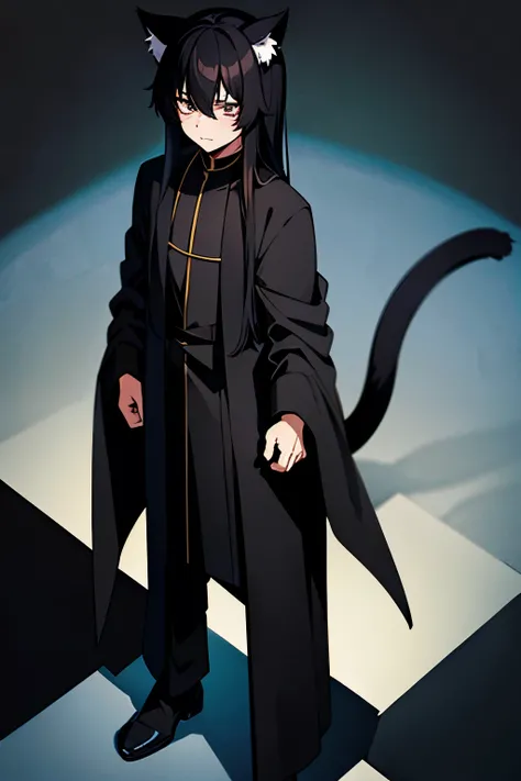 neko, anime boy, cat ears, noble, shadow mage, long black hair, blank background, black robe, standing