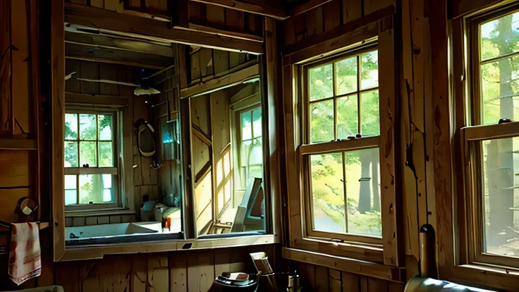 broken chipped mirror on wall in cabin in woods, daytime