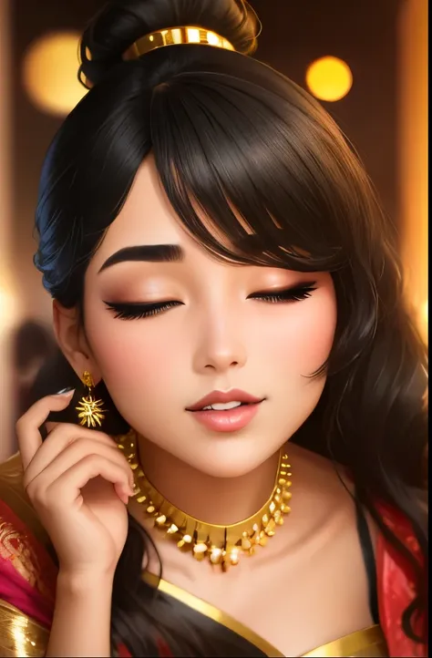 Sexy woman, black hair tied in a bun, smokey eyes, eyeliner, blushing intensely, fairest skin, plump face, soft lips, gold blouse, white saree with gold borders, pinned against a wall