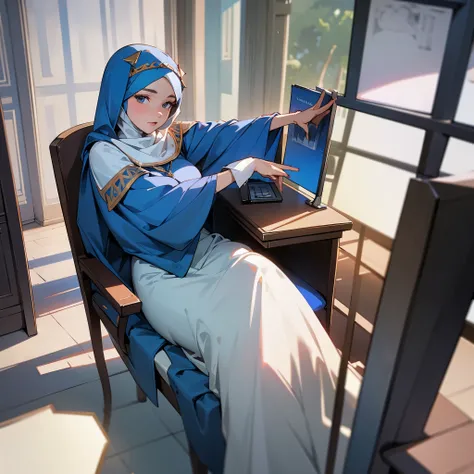 Eula Lawrence wearing hijab sit on chair that behind desk posing like newsreader