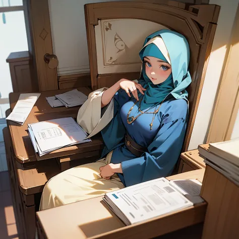 Eula Lawrence wearing hijab sit on chair that behind desk posing like newsreader