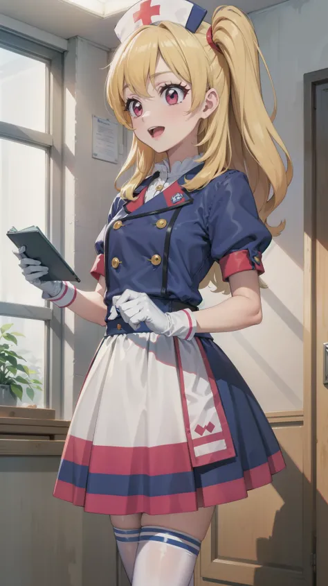 aikatsu,Blonde_HAIR,RED_HAIR_bandmasterpiece,best quality,ultra-detailed,super detailed skin,an extremely delicate and beautiful,beautiful detailed eyes,in1, side ponytail, long hair, solo, nurse, ((white nurse cap, white nurses outfit)), ((white legwear, ...