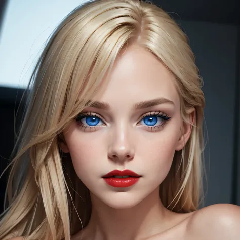 American beauty，Face close to camera，Head straight，8K definition，blue eyes，blonde hair，ID Photo，red lips，The mouth is slightly larger