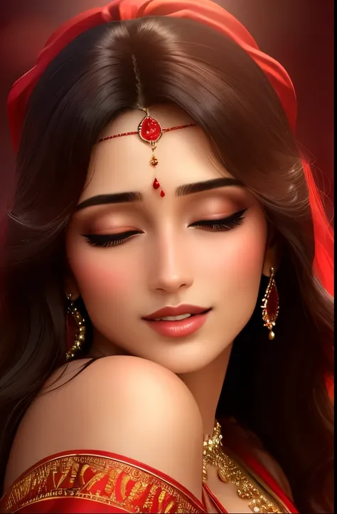 "(best quality, highres, ultra-detailed, realistic:1.37), vibrant red saree, beautiful woman, mesmerizing eyes, luscious lips, elegant pose, alluring smile, flowing hair, intricate embroidery, delicate folds, graceful movement, captivating setting, soft li...