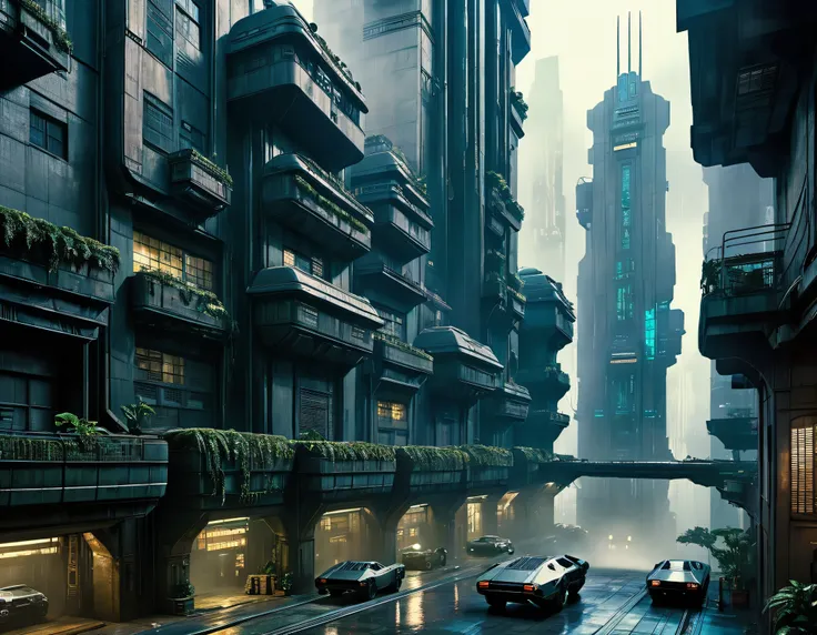 imagen de blade runner donde se aprecia el edificio tyrell corporation , calles adyacentes y pistas de naves- coches volando, en...