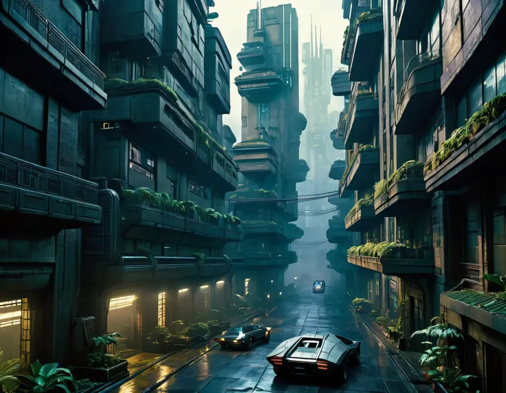 imagen de blade runner donde se aprecia el edificio tyrell corporation , calles adyacentes y pistas de naves- coches volando, en...