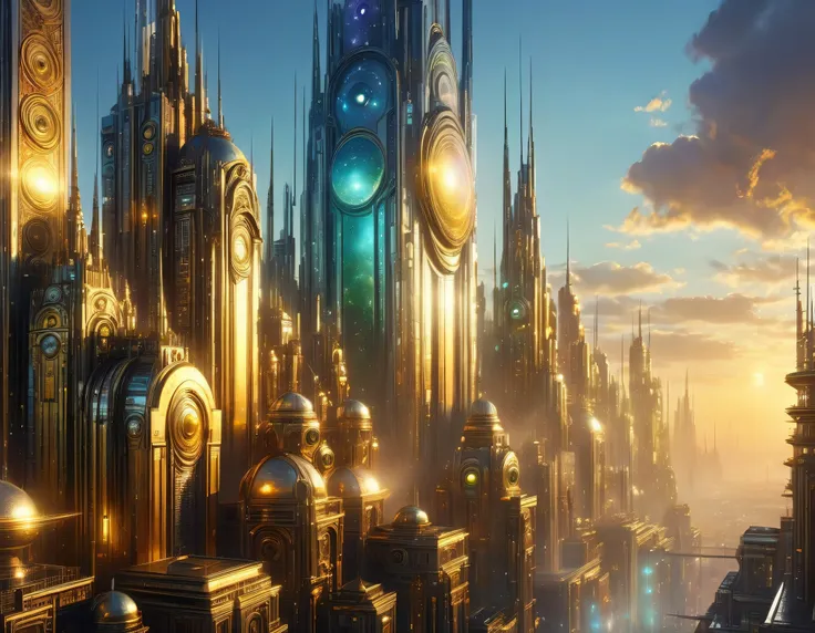 (golden hour lighting), megacity, megalopolis of an imaginary world of science fiction , parecido a una disneylandia futurista, and maximum fantasy, con inmensos edificios y rascacielos ovalados y dodecaedricos agrupados de metal y cristal donde predomina ...