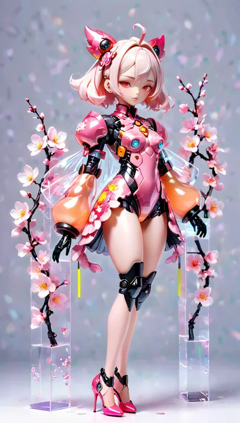 (Blind Box Spielzeug Stil:1.2),full body, solo,white background,(A female robot in a transparent Pink Peach Blossom dress, wearing gloves and high heels),(Chinese color,Very colorful), Cyberpunk, Dreamy Glow, Luminous neon lamp,3D